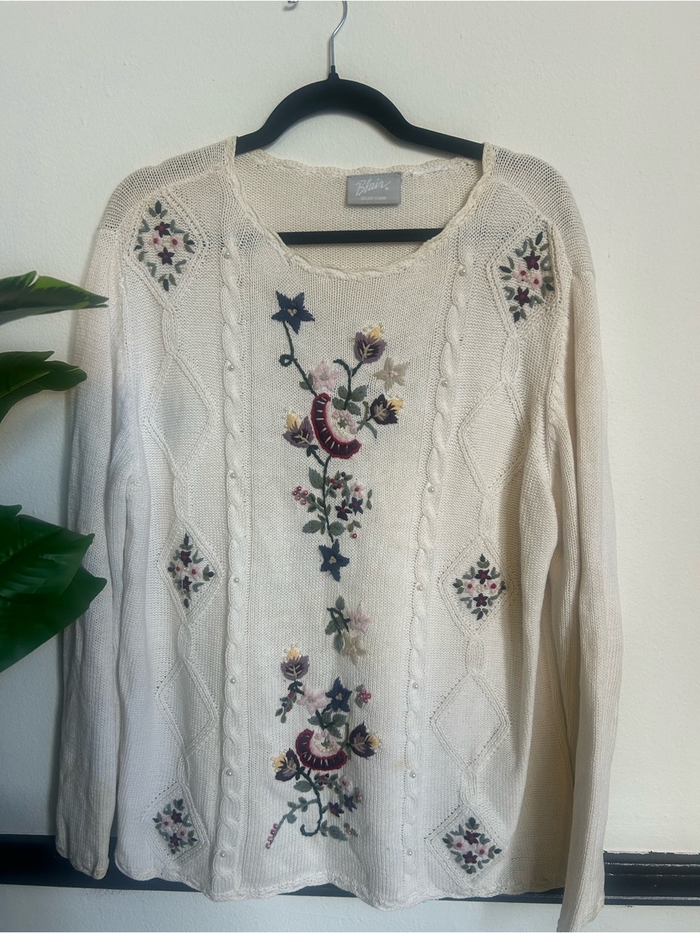 Blair Cream Floral-Embroidered Crewneck Sweater